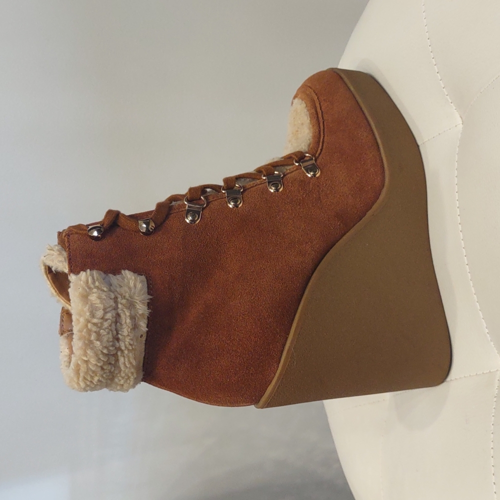 Jessica Simpson Maelyn Fleece Fur Leather Suede Wedge Lace Zip Up Heel Boots 8 M - Picture 6 of 8